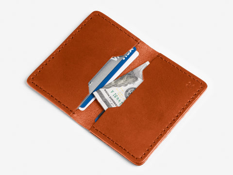A brown leather wallet is open, showing a partially visible U.S. dollar bill and a blue-striped credit card inside its card slots, set against a white background.