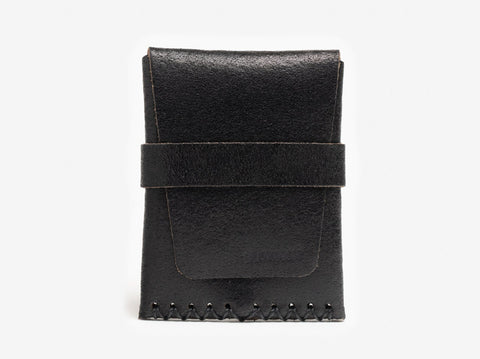 A black leather wallet with a front flap and a horizontal strap, featuring visible stitching at the bottom. The background is plain white.