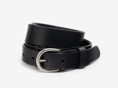 A black leather belt with a silver buckle, coiled neatly on a white background.