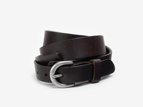A coiled dark brown leather belt with a silver metal buckle, displayed on a white background.