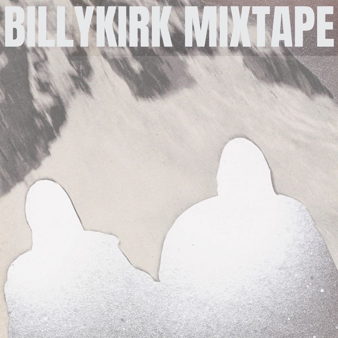 Collage of silhouettes of two white figures climbing a snowy mountain 