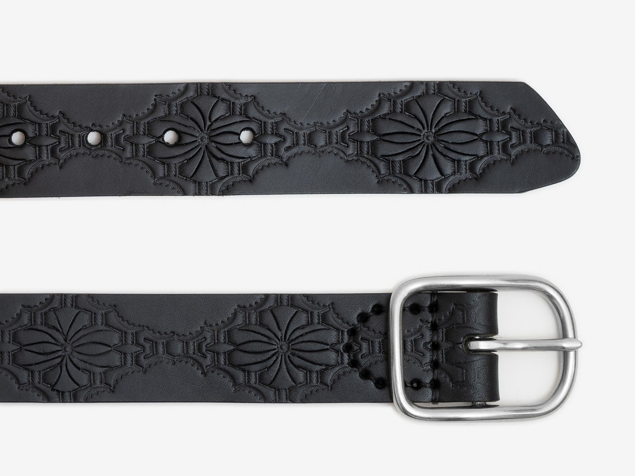 No. 288, Western Debossed Center Bar Leather Belt in Black by No. 288, Western Debossed Center Bar Leather Belt in Black by