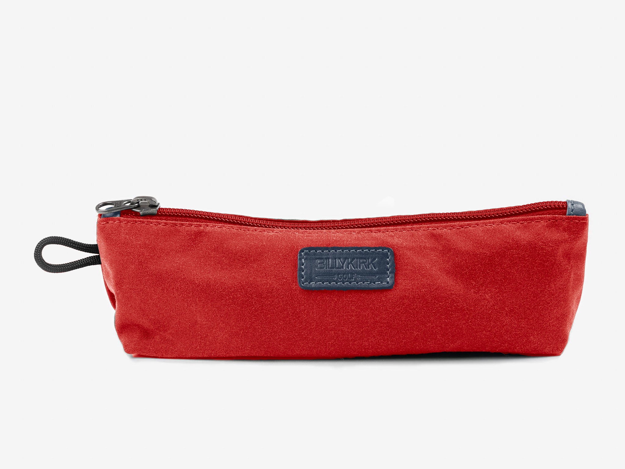 A red fabric zipper pouch with a black zipper pull and a blue rectangular patch on the front, displayed against a plain white background.