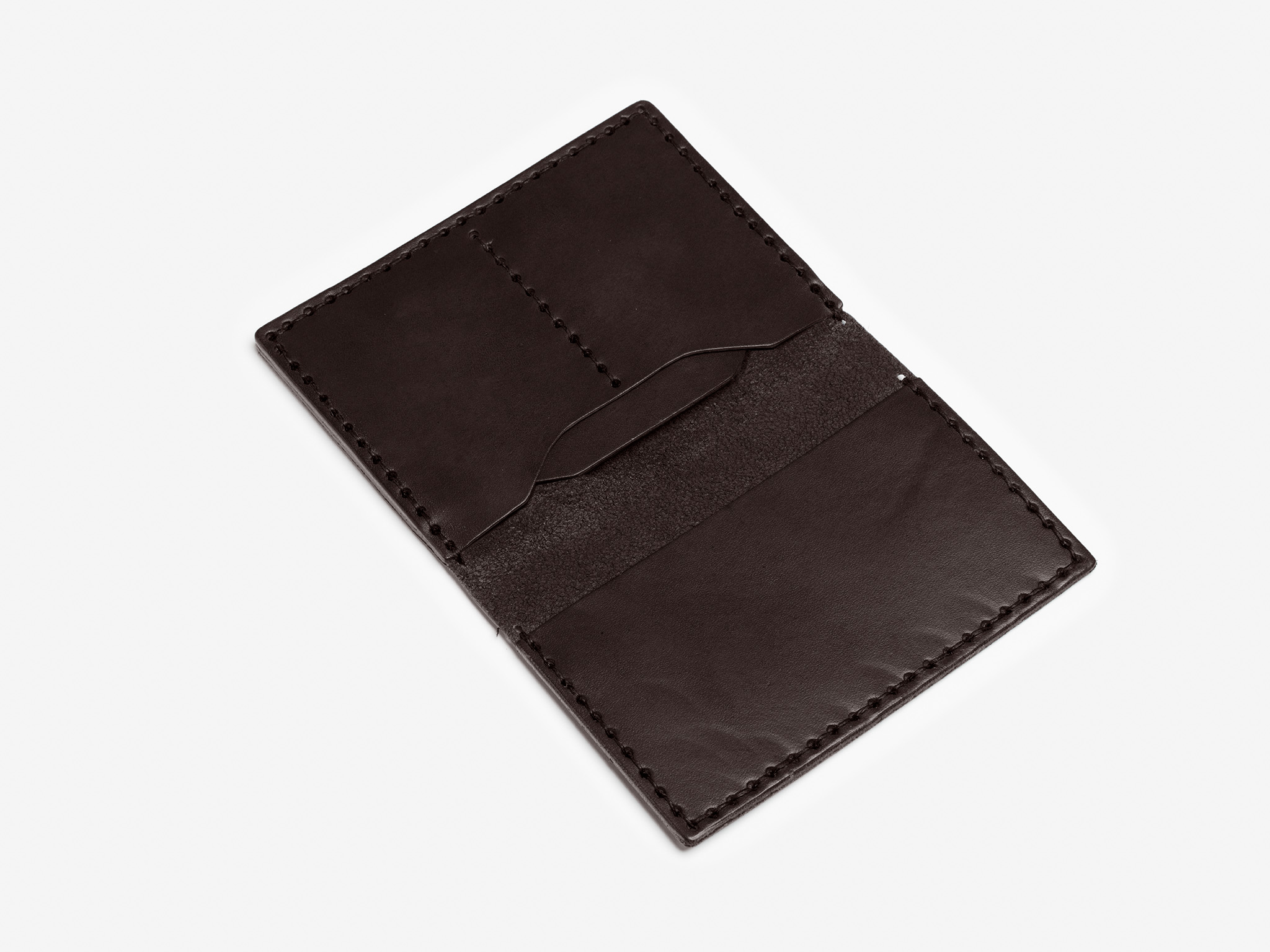 An open, empty dark brown leather wallet with visible stitching, displayed on a white background.