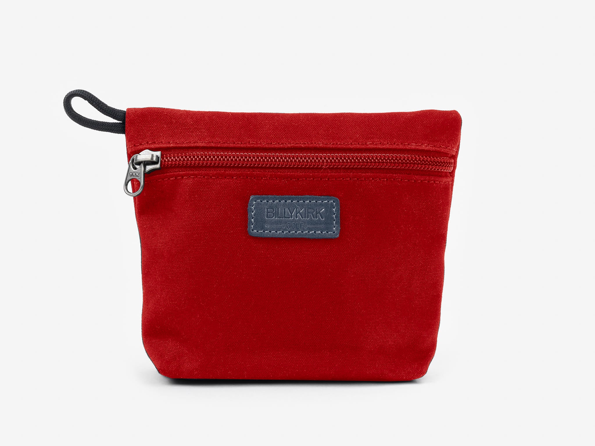 A small, rectangular red fabric pouch with a black zipper, a black loop on the left side, and a black rectangular patch labeled BIMKIK on the front. The pouch is set against a plain white background.