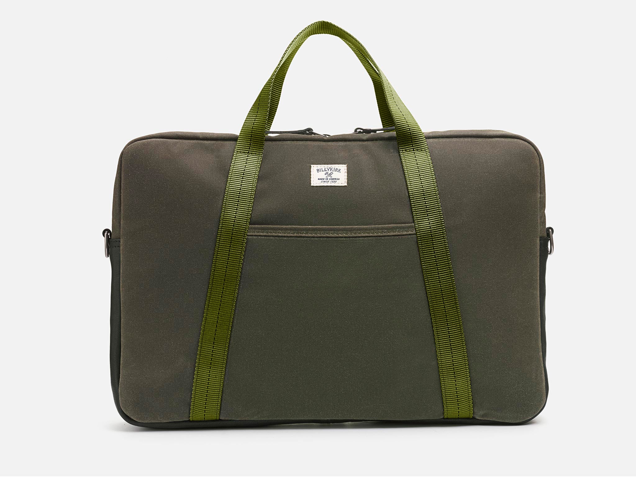 A dark green rectangular briefcase with olive green handles, a front pocket, and a small white label near the top center, displayed against a plain light background.