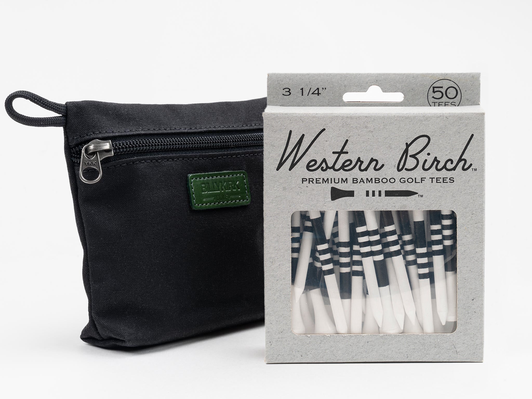 A black zippered pouch and a box labeled “Western Birch Premium Bamboo Golf Tees” containing 50 striped golf tees are displayed against a plain white background.