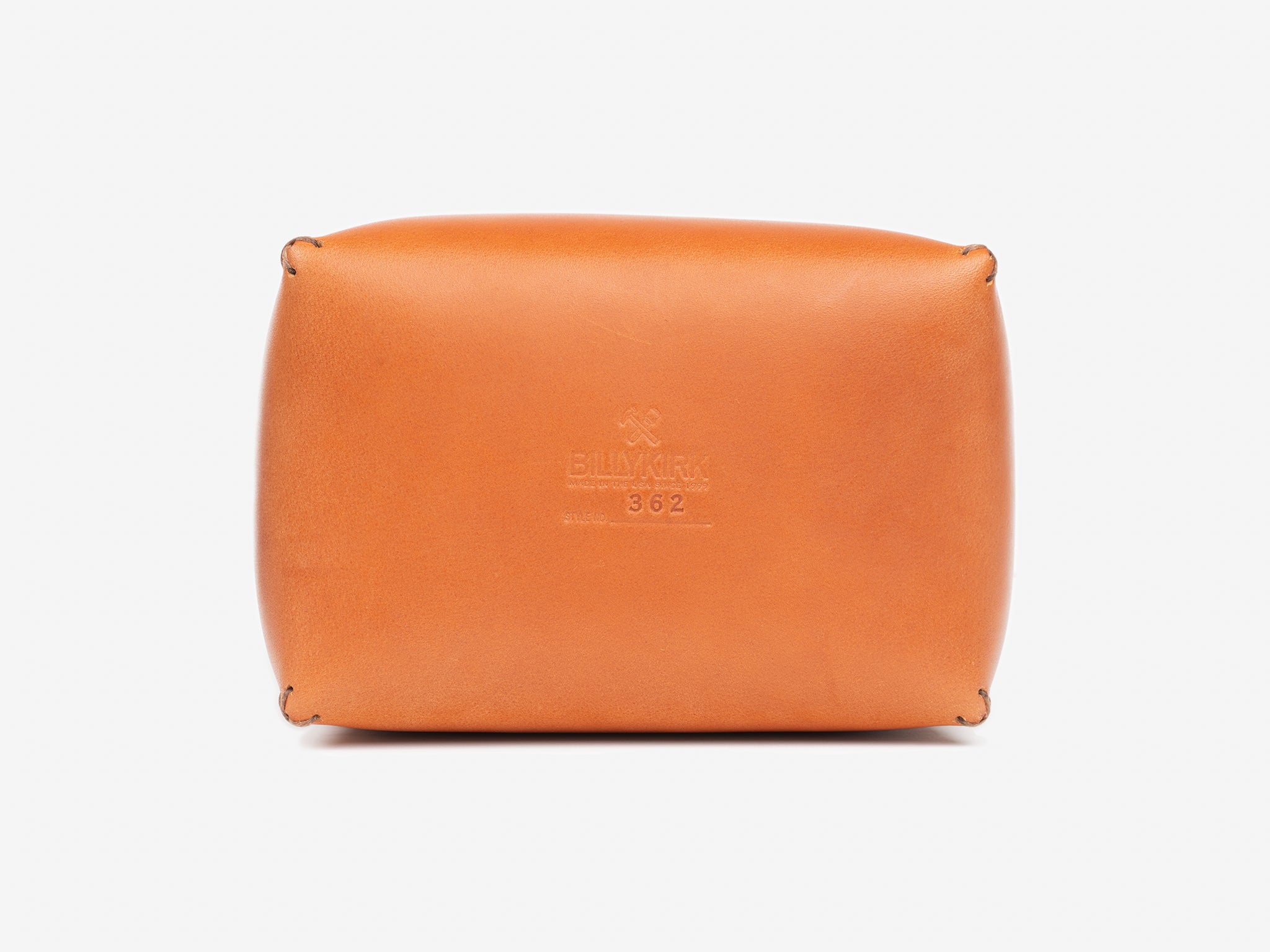 Bottom view of a tan leather box showing the Billykirk logo and stamped with the style number 362 against a white background.