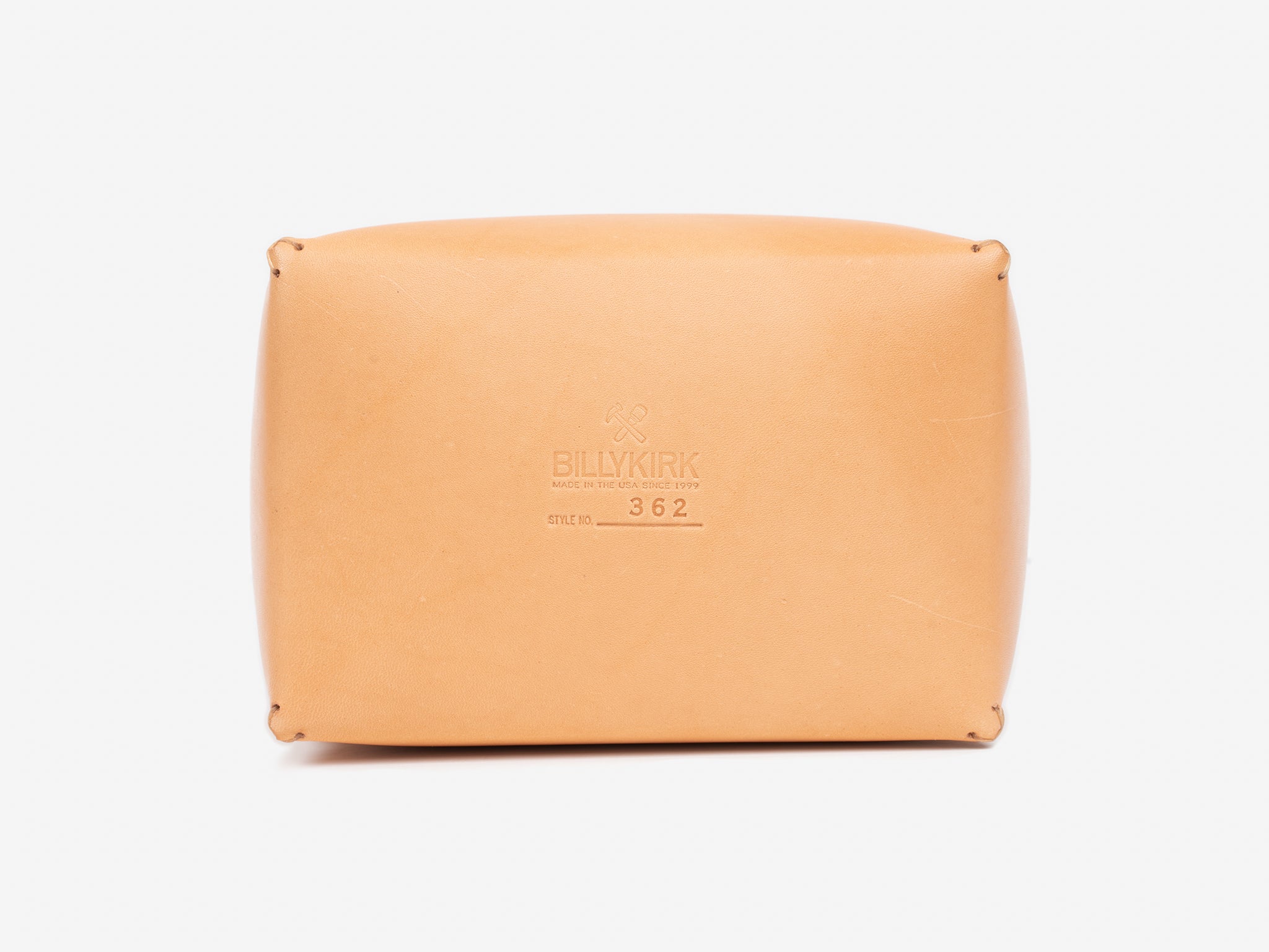 Bottom view of a natural leather box showing the Billykirk logo and stamped with the style number 362 against a white background.