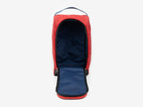 A zipped open red shoe bag with a navy blue interior and the top flap partially unzipped.