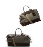Two taupe and olive leather carryall bags with beige cotton shoulder straps on a white background.