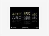 Comparison of 'Block', 'Shadow', and 'Sans' text styles on a black background.