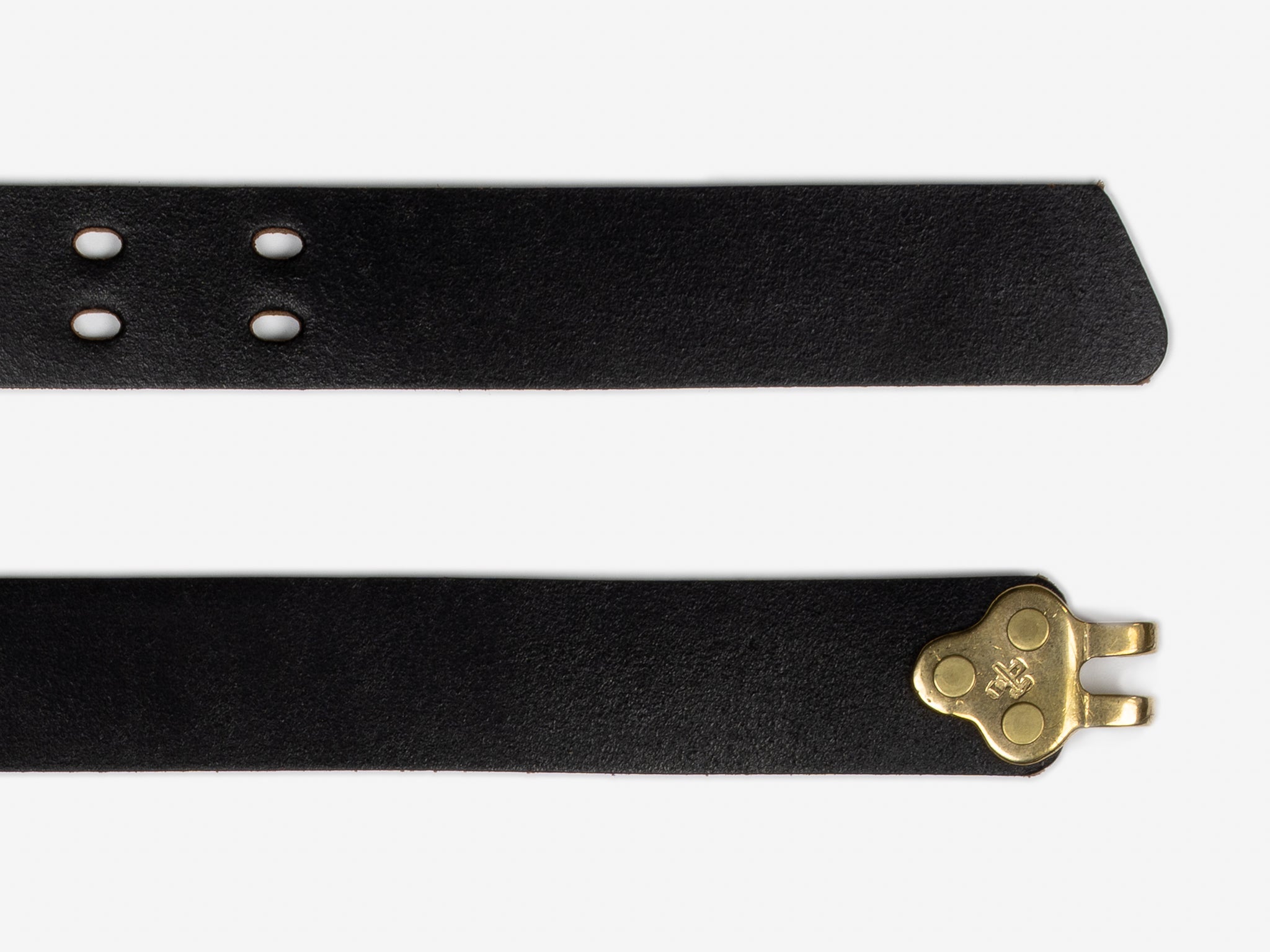 Two black leather belt straps are shown; the top strap has four holes, and the bottom strap features a gold metal clasp at the end. Both are displayed against a white background.