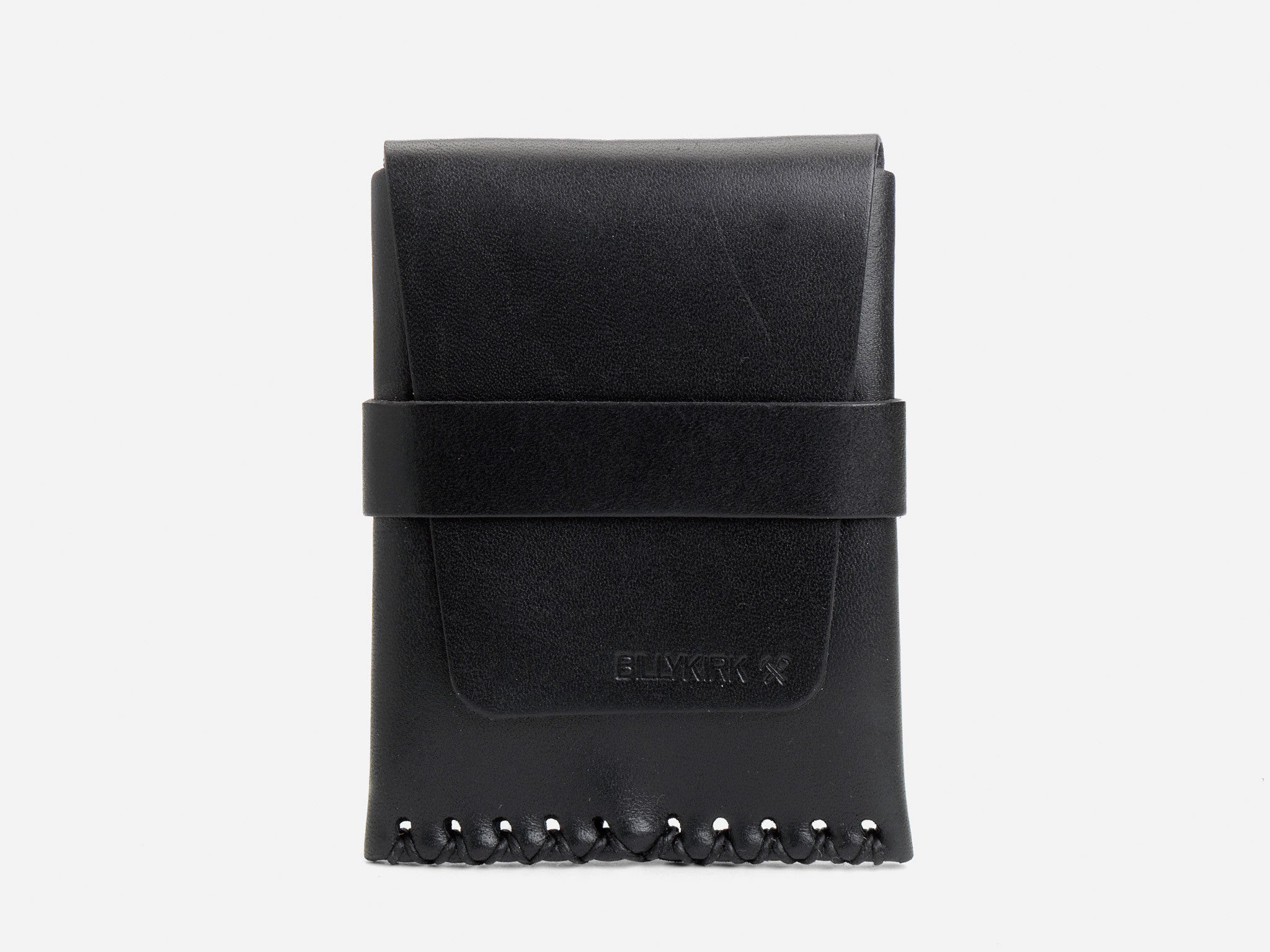 A black leather card case with a flap closure, wide strap across the front, and decorative stitching along the bottom edge, placed against a plain white background.