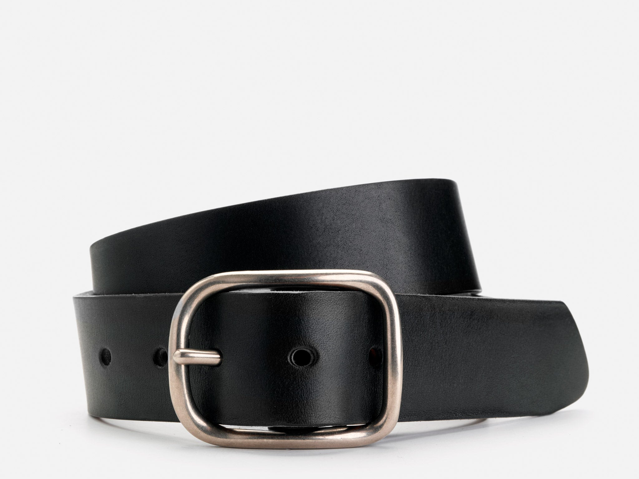 A black leather belt with a matte nickel finish buckle, displayed on a plain background.