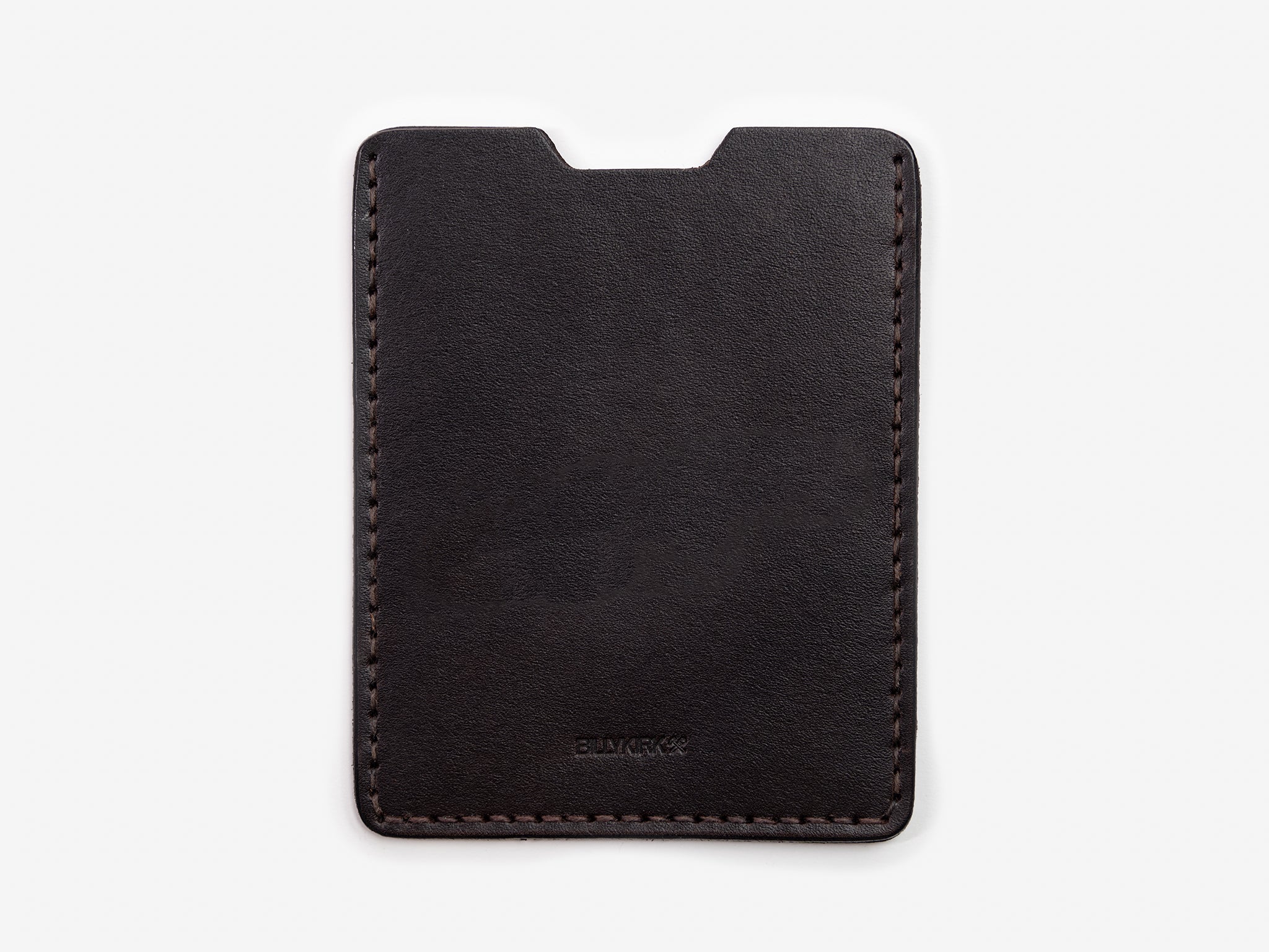 A minimalist, black leather card holder with visible stitching around the edges, displayed against a plain white background.