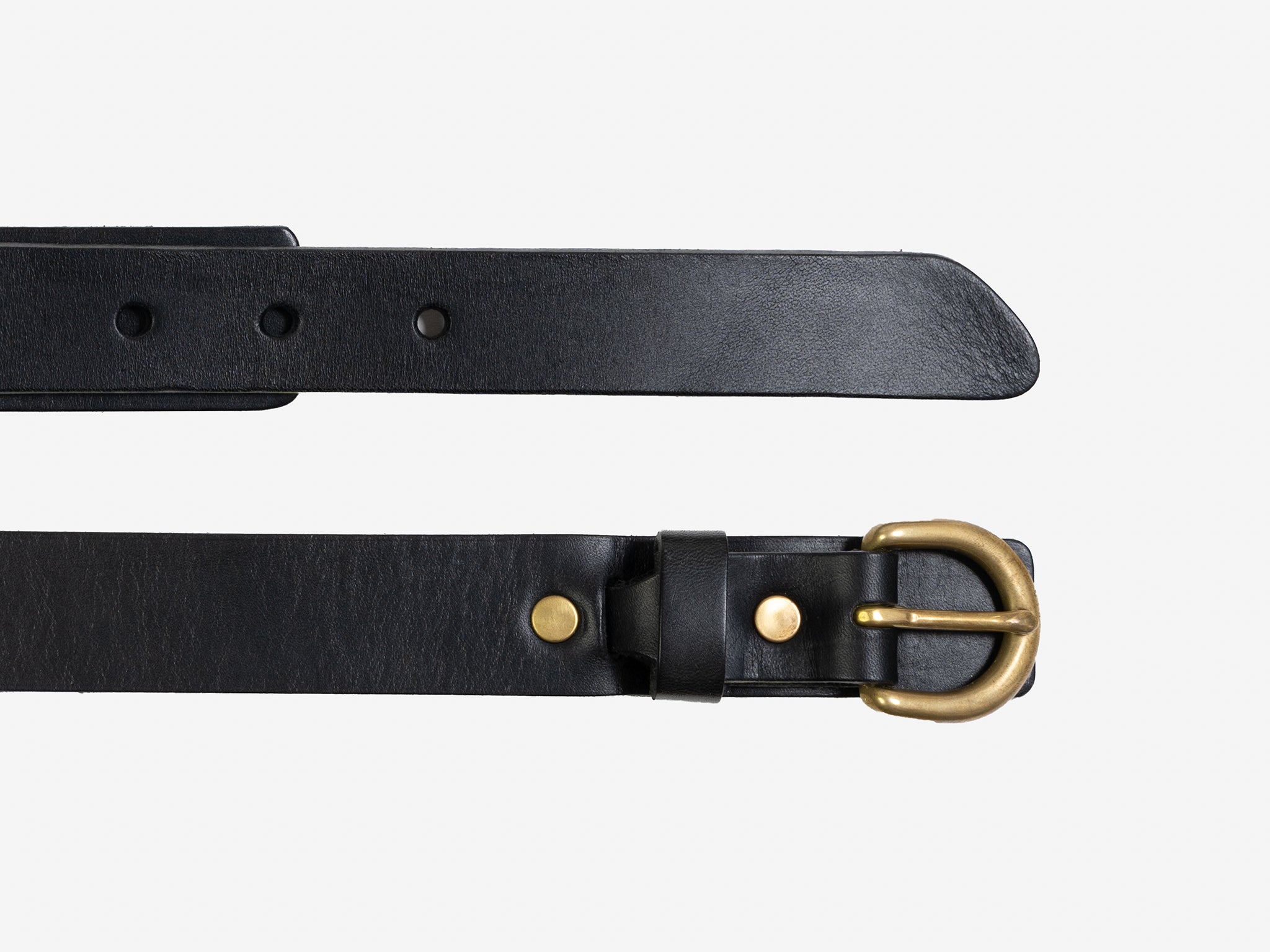 A black leather belt with a gold-colored metal buckle and brass rivets, displayed laid flat on a white background. The belt has multiple adjustment holes.