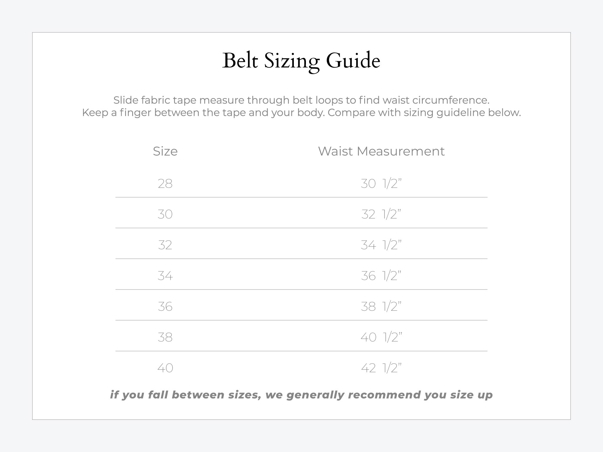 A belt sizing guide chart showing sizes 28 to 40 with corresponding waist measurements from 30 1/2 to 42 1/2. Note advises sizing up if between sizes. Instructions on how to measure waist are included at the top.