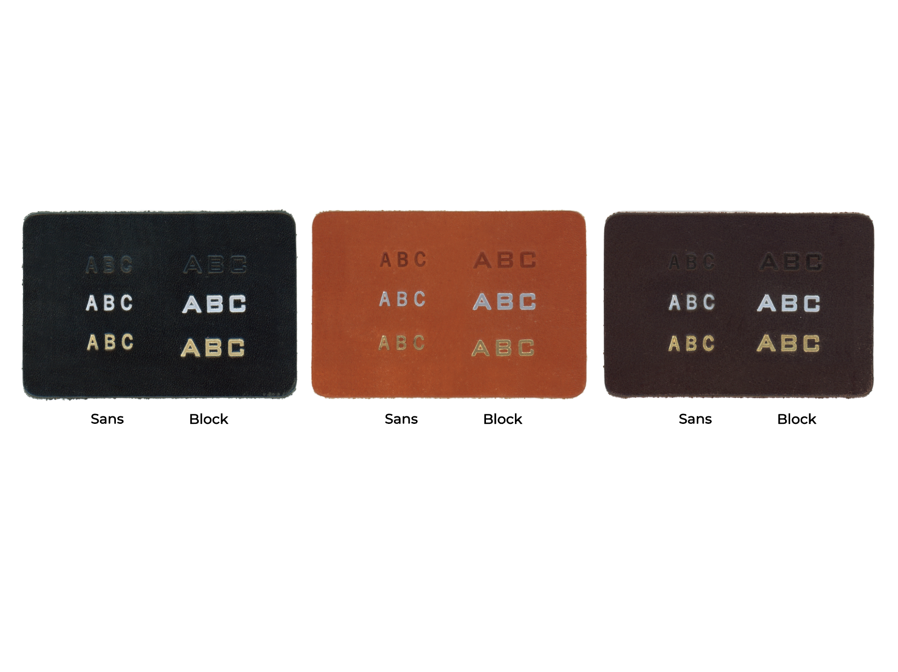 Three fabric swatches in black, brown, and dark brown display embroidered ABC in sans and block fonts, with variations in thread color. Each swatch is labeled Sans and Block below the embroidered text.