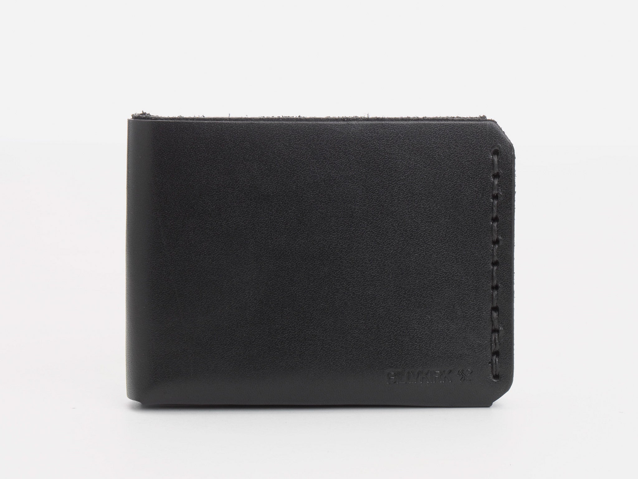 A black leather wallet with simple stitching along the right edge, placed upright against a plain white background.